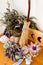 Moon Altar with candles, herbs, witch`s broom and moon phase wo