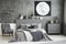 Moon art decor on the wall in a stylish grey bedroom interior wi