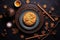 Moon cakes on black slate table with tea. Autumn Festival