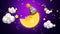 Moon cartoon sleeping on clouds at night  shooting stars  night fantasy  looped animation background.