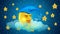 Moon cartoon sleeping ZZZ on clouds, stars, night sky, night fantasy, animation background.