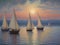 The moon casts a silvery glow on sailing boats, turning the sea into a celestial dance floor, moonlit waves, romantic hues