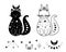 Moon cat set. Black and white celestial cat, stars. Magic domestic animal. Celestial kitty tattoo