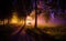 Moon collage of night bench in mist dark tree alley with lamps a