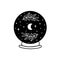 Moon into crystal ball. Celestial moon, stars, floral branch. Mystical moon witch graphic element isolated.