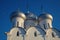 Moon and cupola of Sophia cathedral in Vologda Kremlin, Russia