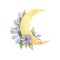 The moon with delicate, abstract lilac flowers and green leaves. A gentle, cute illustration. Watercolor, children's