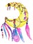 Moon dream catcher with different interweaving of ropes and beads, with colorful feathers. unusual item in boho style. watercolor