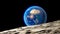 Moon and earth seen from space. Lunar surface and earth in the background. The earth seen from the moon