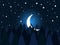 Moon in the fir trees flat. Midnight, a crescent moon in the starry sky. Spruce forest. Vector