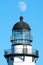 The moon hangs over the top of the Montauk Point Lighthouse, Long Island, New York