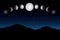 Moon lunar cycle from new moon to full moon in night sky with mountains