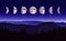 Moon or lunar phases illustration. Scenic Night landscape of the different phases of the moon