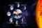 Moon or lunar phases poster. Eight steps of the lunar cycle around the Earth on a space background and the sun. 3d render