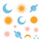 Moon Moon eclipse, stars, Saturn and Sun silhouette icons. Simple sign of day and night. Celestial outline pictogram