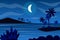 Moon over tropical islands landscape background in flat style. Moonlight at night sky, bungalow silhouettes, palm trees on