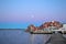 moon over typical swedish coastal town