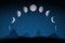 Moon Phases on Dark Night Sky Above Abstract Landscape.