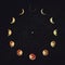 Moon phases over starry night sky background. Astronomy and astrology conceptual scene. Esoteric magic celestial signs, lunar