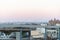 The Moon sets behind the elevated portion of the Brooklyn Queens Expressway