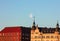 Moon in the sky, Dawn, Spring panorama of Helsinki, view on   rooftops of Krununhakka buildings