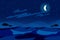 Moon in sky at desert night landscape background
