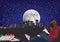 A moon in a starry sky girl reads-