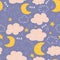 Moon, stars and clouds seamless vector pattern with cute night sky characters. Sweet dreams repeating background. Good