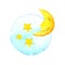 The moon and stars on painted watercolor. icon. Sleep dreams symbol. Night or bed time sign. Baby Blue Yellow Hand- Illustration