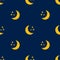 Moon with stars, seamless pattern. Endless vector print of yellow crescent and three stars on blue background