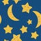 Moon and stars sleeping in the sky, cartoon characters smile with their eyes closed, vector seamless pattern