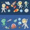 Moon surface. Kindergarten children play space exploration. Alien, ufo, spaceship. rocket. Children, boys and girls with