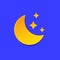 Moon Weather forecast info icon. Yellow Night symbol, stars paper cut style on blue. Climate weather element. Trendy
