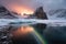 moonbow over an icy glacier, contrasting the coldness with the warm colors of the bow