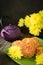 Mooncakes, teapot, yellow chrysanthemum flowers. Chinese mid-autumn festival food