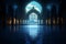 Moonlight bathes Islamic mosques interior in serene, ethereal luminance