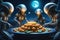 A moonlight harvest party with aliens trying human food for the first time