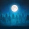 Moonlight shines over tranquil forest silhouette in serene night scene