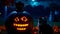 A moonlit cemetery, a glowing Halloween pumpkin lamp with carved eyes, nose and mouth, and black cats roaming the graves