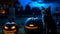 A moonlit cemetery, a glowing Halloween pumpkin lamp with carved eyes, nose and mouth, and black cats roaming the graves