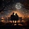 Moonlit embrace, Couple on bench, falling star, rear view illustrated nights romantic tale