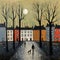 Moonlit Encounter: A Modernist Street Scene With Two Dogs