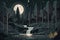 Moonlit Forest: Celestial Lunar Exploration Amidst Dark Night