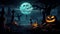 Moonlit Graveyard with Sinister Pumpkins and Haunted Castle: A Quintessential Halloween Backdrop. Generative Ai