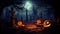 Moonlit Graveyard with Sinister Pumpkins and Haunted Castle: A Quintessential Halloween Backdrop. Generative Ai