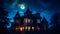 Moonlit night, a gloomy mansion rises, its windows glowing with a mysterious light. Around the mansion, bats flapped their wings