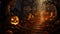 Moonlit path in the forest with pumpkins on the sides, mist over ground. Halloween concept. Generative AI