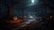 Moonlit path in the forest with pumpkins on the sides, mist over ground. Halloween concept. Generative AI