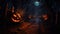 Moonlit path in the forest with pumpkins on the sides, mist over ground. Halloween concept. Generative AI