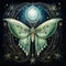 In a moonlit realm a Luna Moth glides before the hermetic moon's face, with cosmic eyes in the backdrop